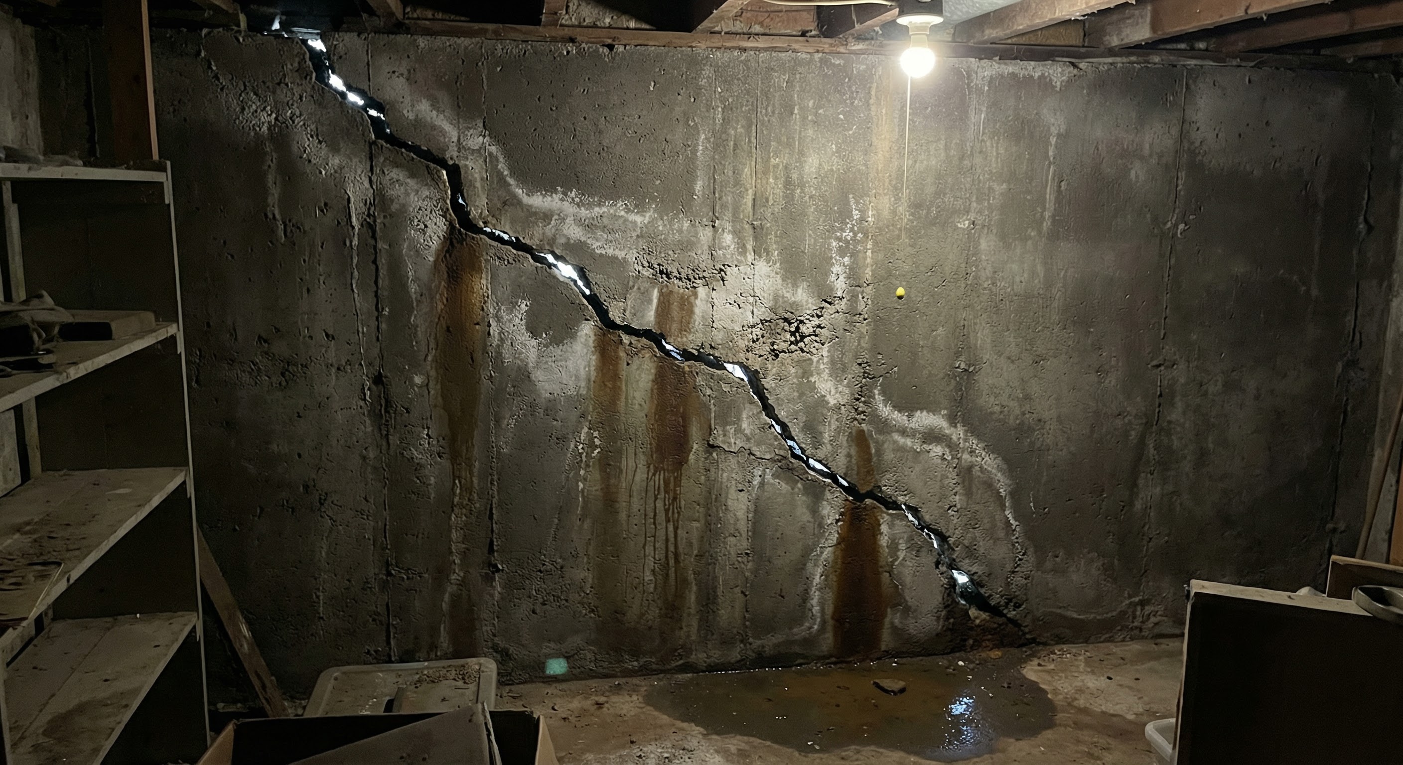 Cracked foundation wall before epoxy injection repair