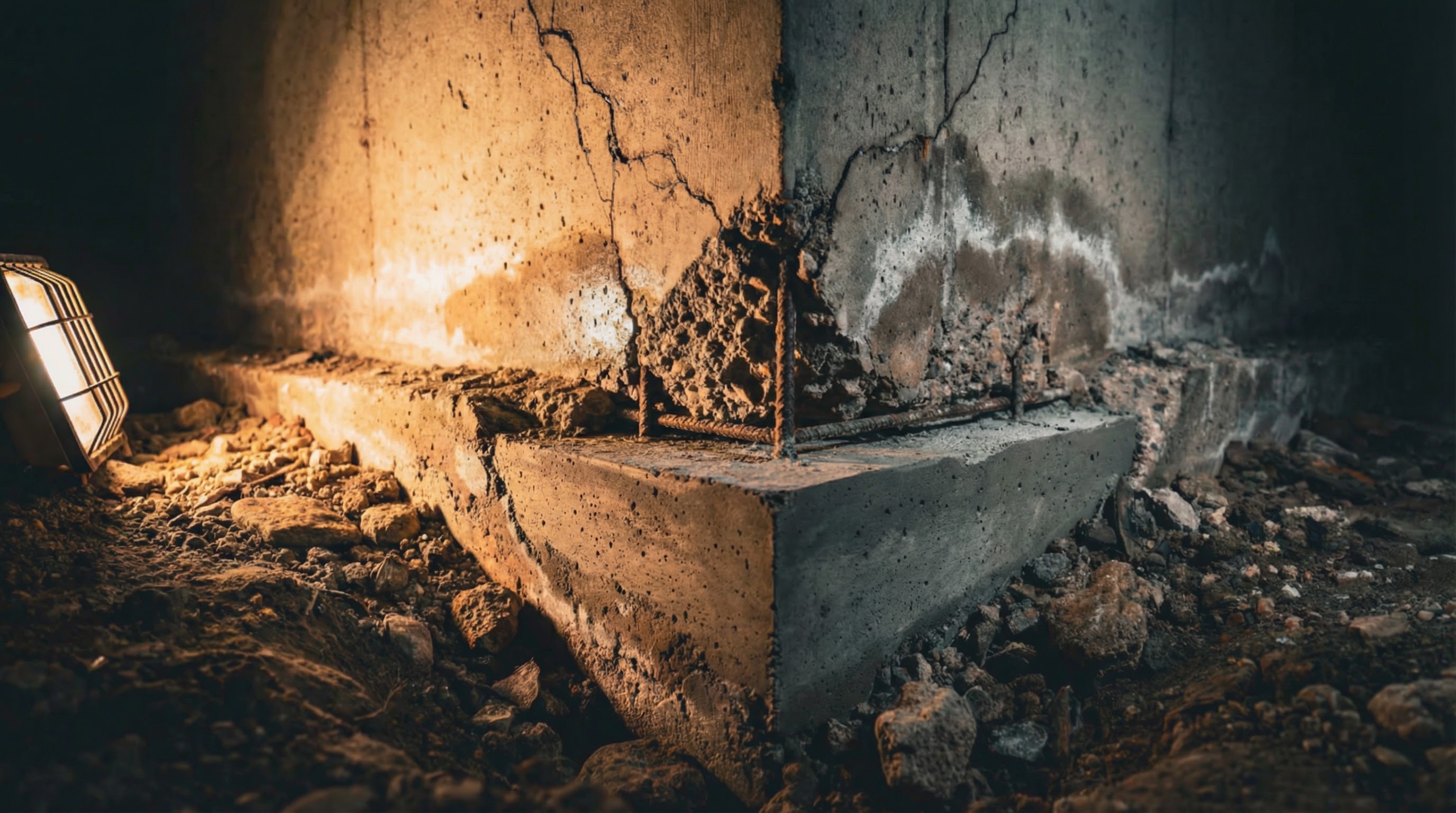 Reinforced concrete footing with rebar after repair