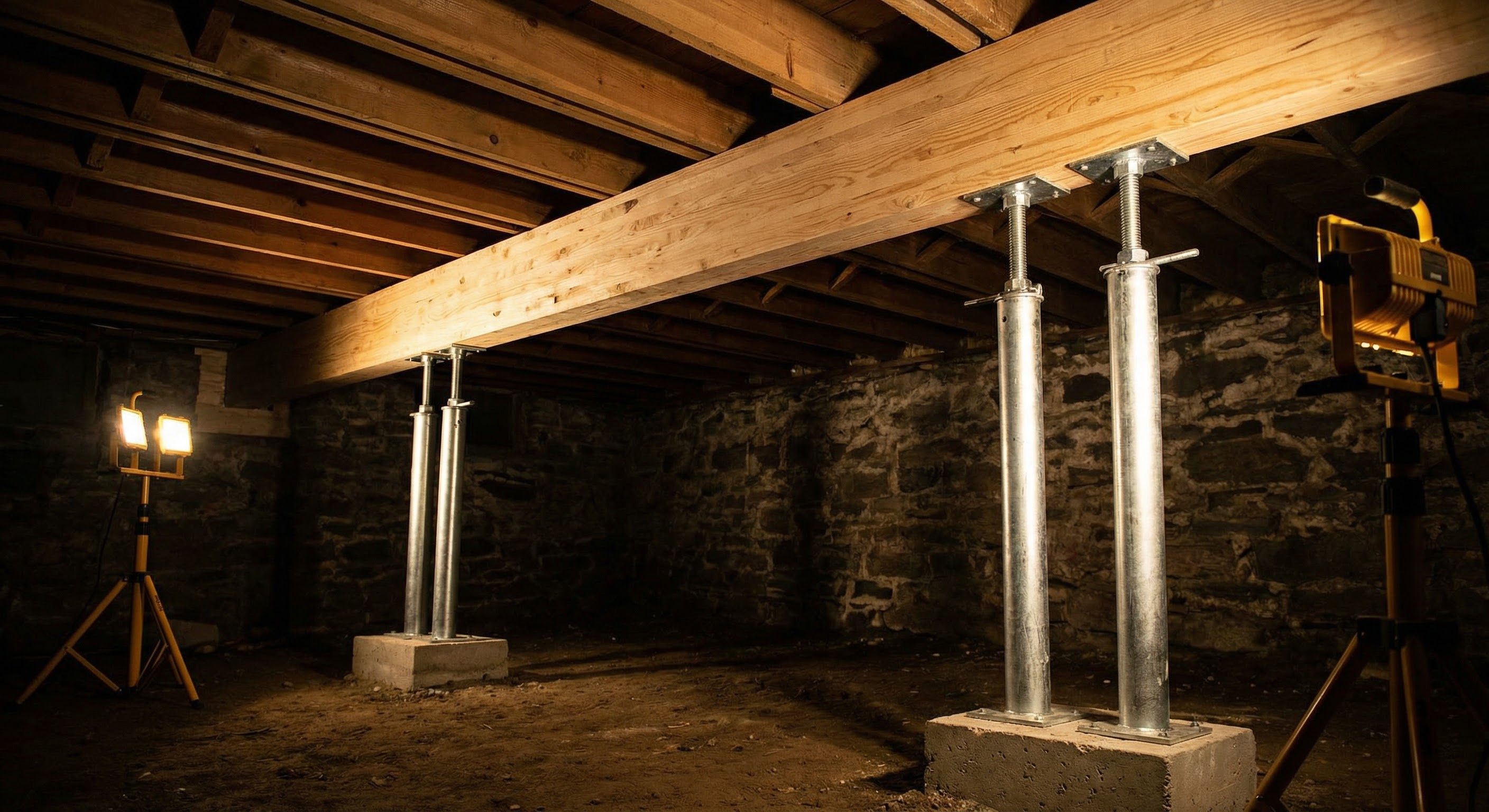 New LVL beam with adjustable steel support columns in a Cleveland basement